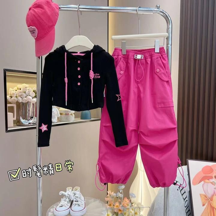 2023新款中大童春秋装连帽长袖工装裤秋季女孩韩版潮牌爆款套装潮