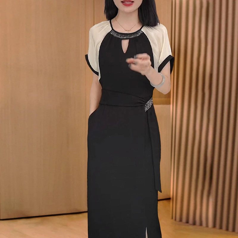 高端时尚气质女神范减龄短袖连衣裙女2024新款收腰显瘦裙子夏1501