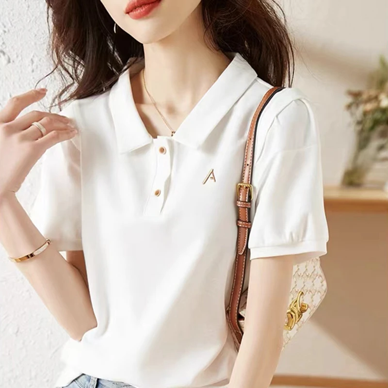 【D&Q STUDIO】韩系POLO领白色短袖女夏季2024新款时尚小衫上衣9582