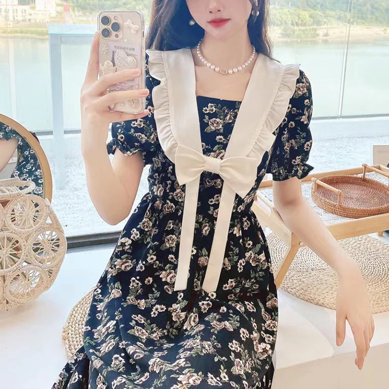 TW法式复古黑色碎花连衣裙女新款蝴蝶结气质夏季中长裙子8150