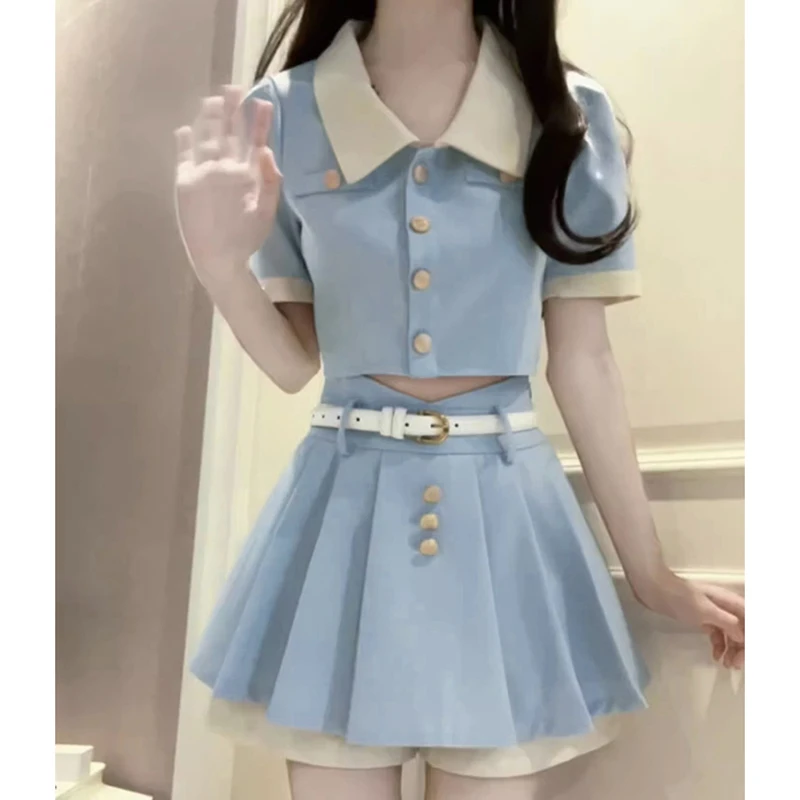【两件套】甜酷小香风蓝色套装女夏季学院风短款上衣百褶半身裙1596