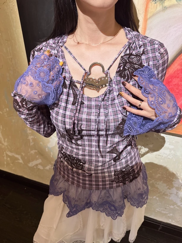 ZOU11/【特价 不退换】紫色格纹蕾丝拼接绝美薄纱绑带长袖T