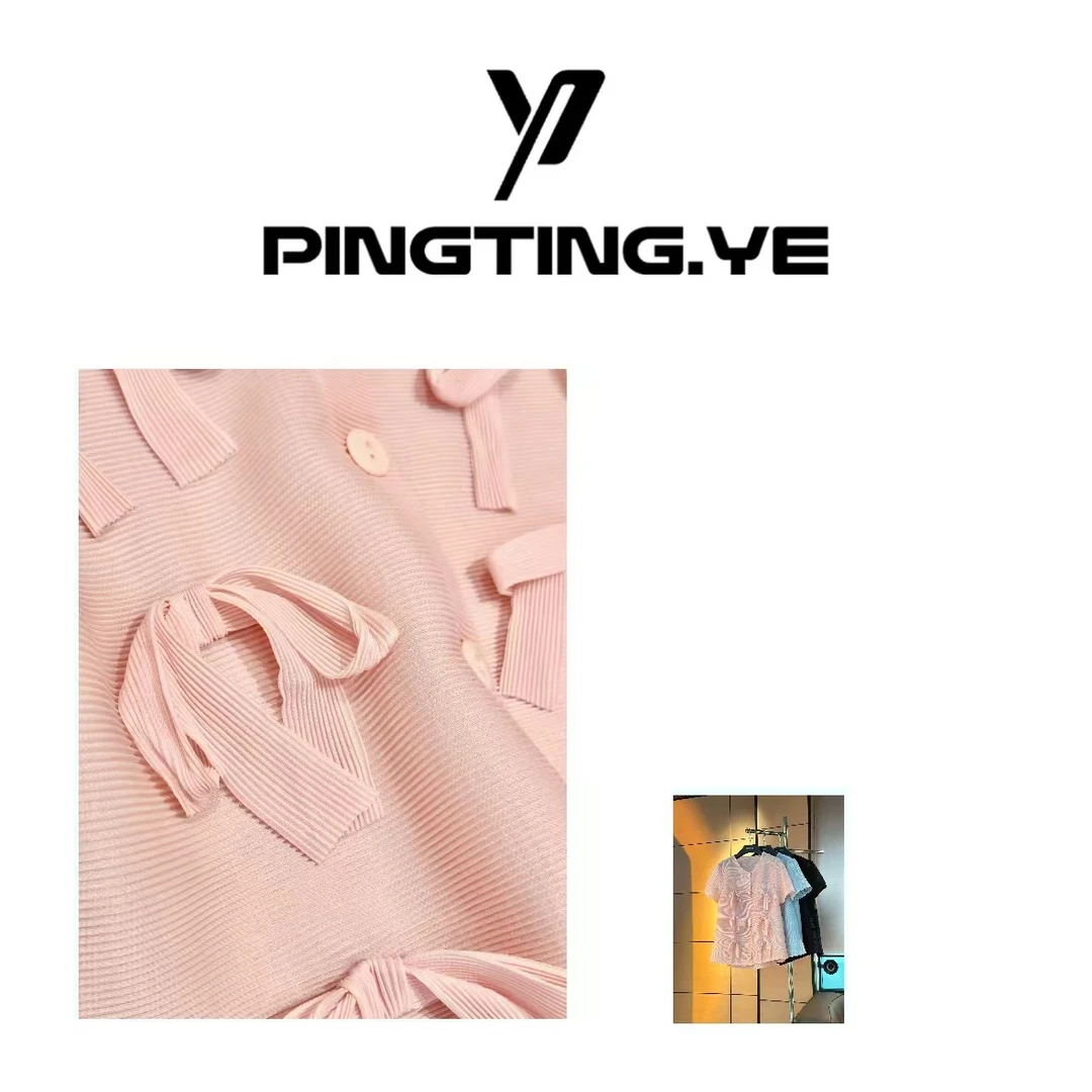 PINGTING.YE简约时尚蝴蝶结减龄休闲压褶短袖上衣PT6315