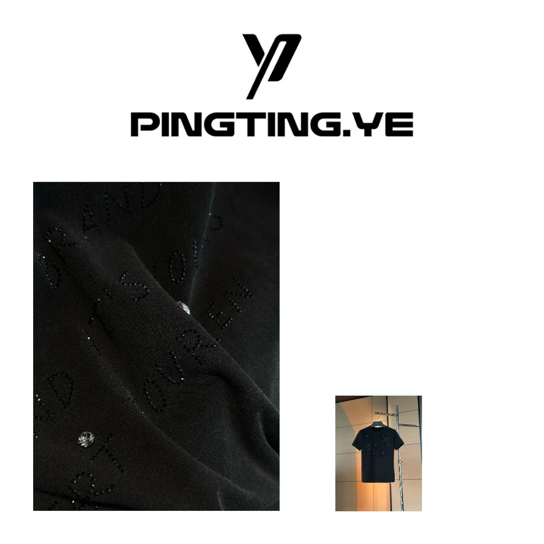 PINGTING.YE字母烫钻蝴蝶结做旧复古短袖T恤PT9082