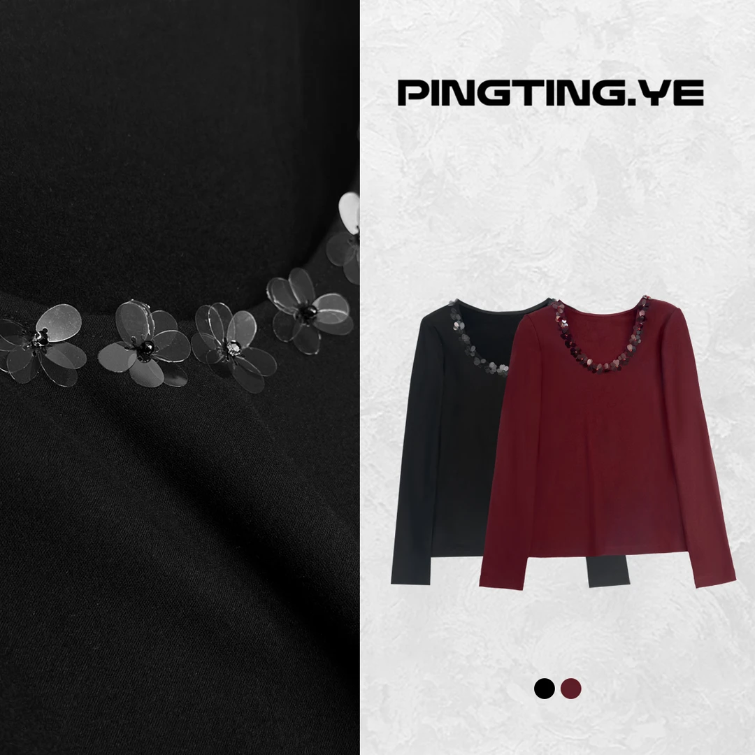 PINGTING.YE加绒亮片花朵高级感小众显瘦打底上衣24432