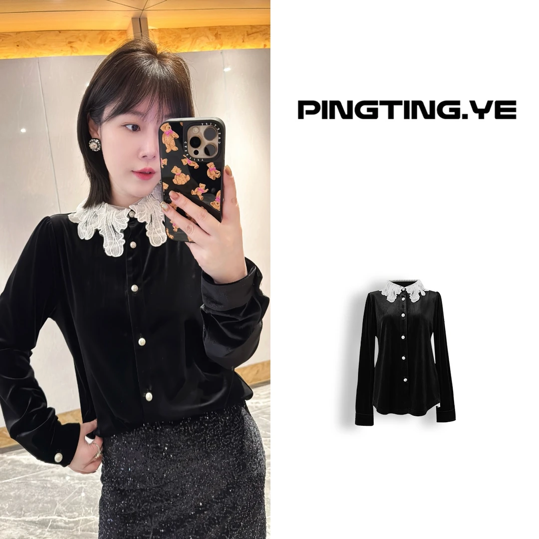 PINGTING.YE法式复古丝绒蕾丝刺绣花瓣领设计感衬衫24628