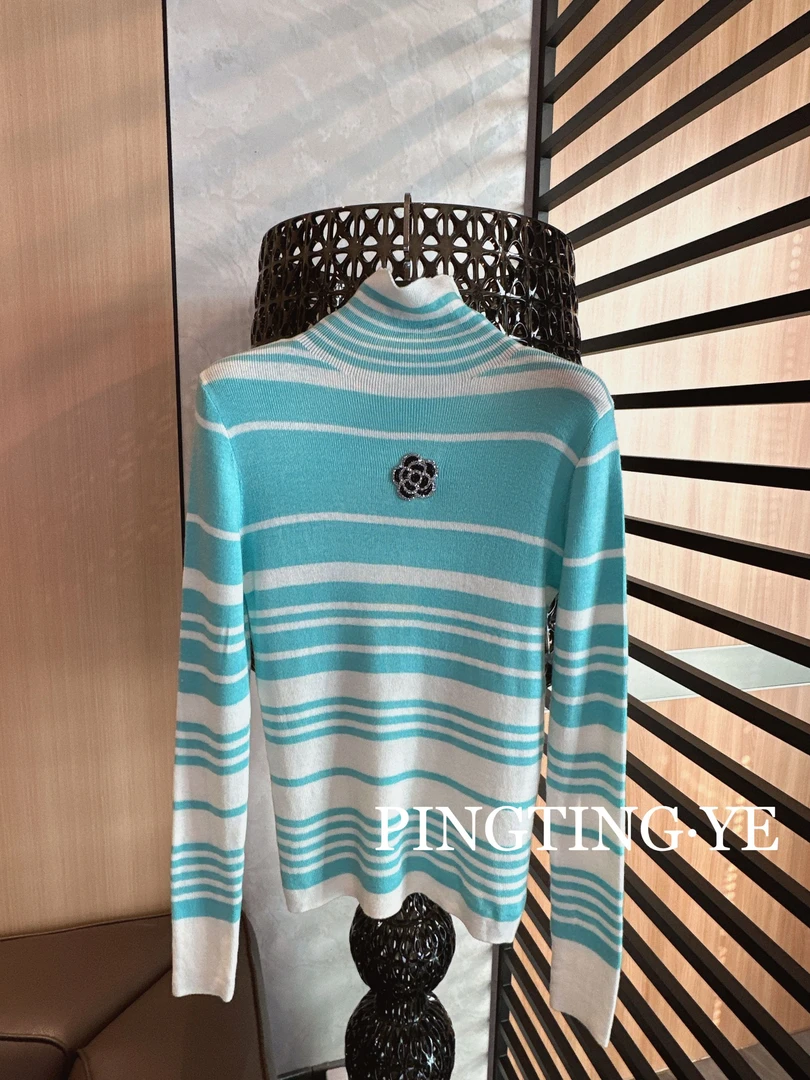 PINGTING.YE山茶花高领拼色条纹减龄时髦打底针织衫PT2041