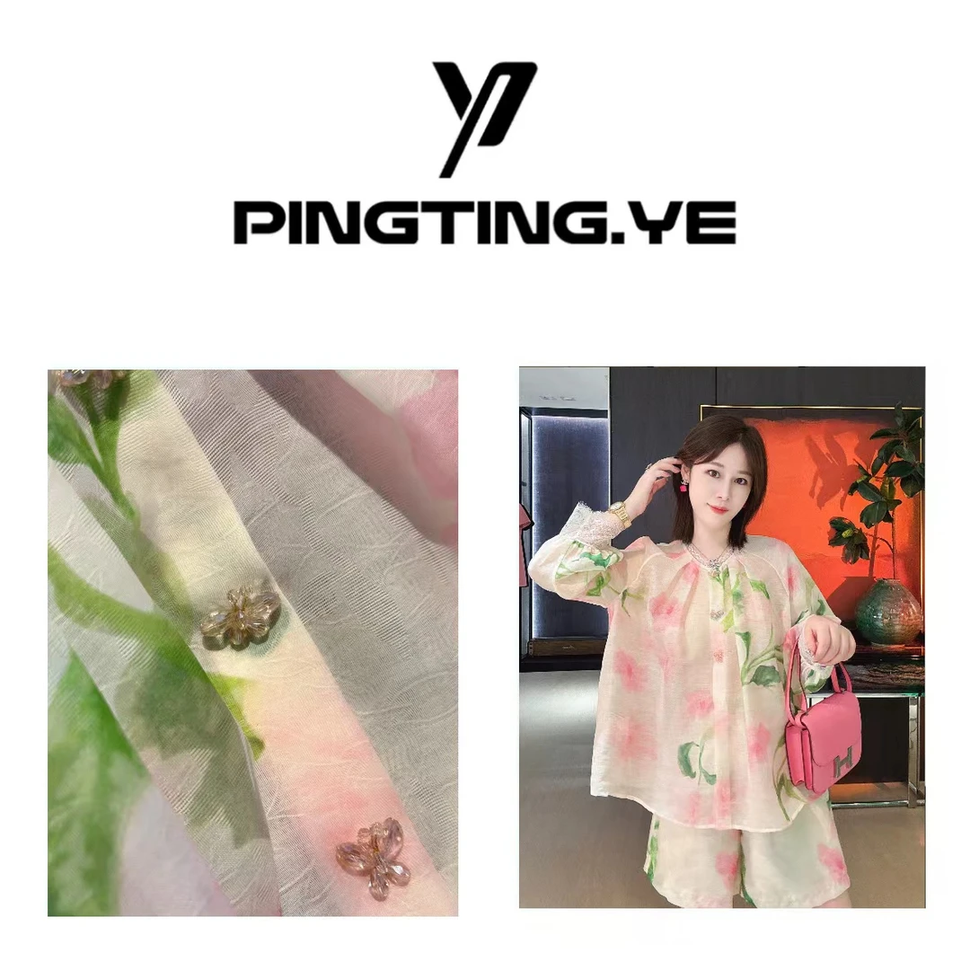 PINGTING.YE【莫奈花园】法式印花蕾丝袖减龄衬衫+短裤套装24348