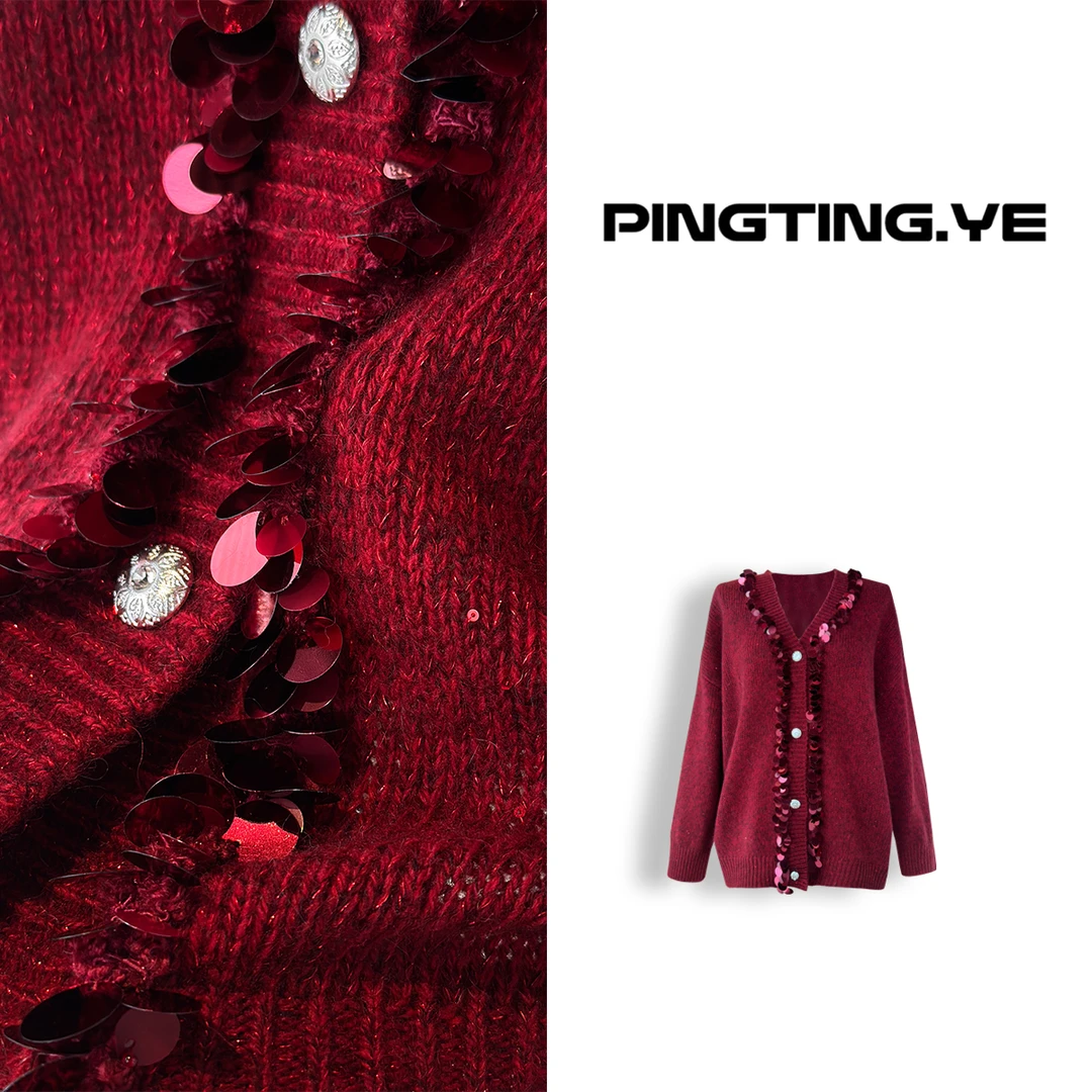 PINGTING.YE重工亮片减龄复古慵懒风宽松毛衣开衫PT3253