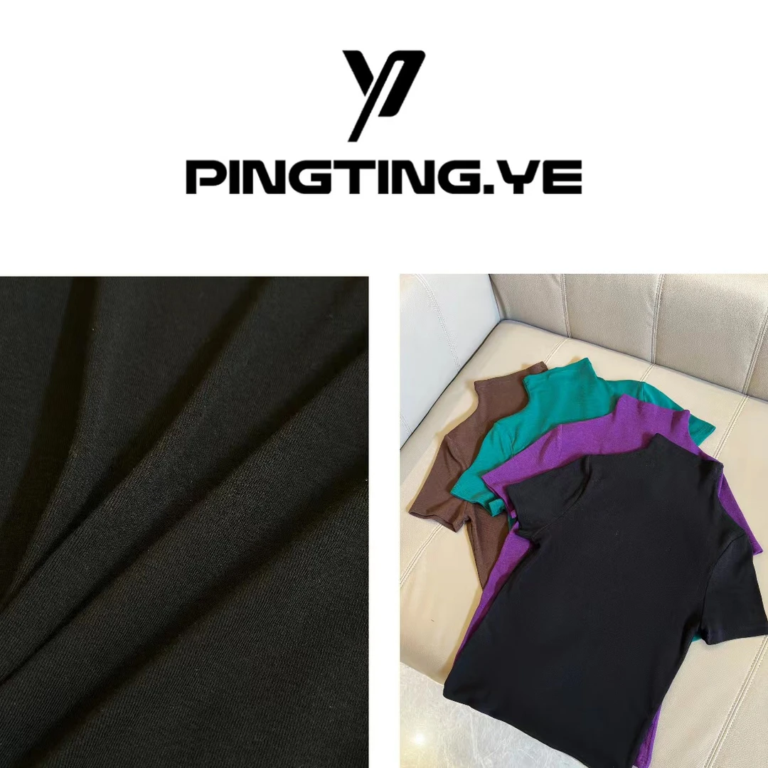 PINGTING.YE纯色半高领弹力修身百搭显瘦打底短袖上衣PT1211