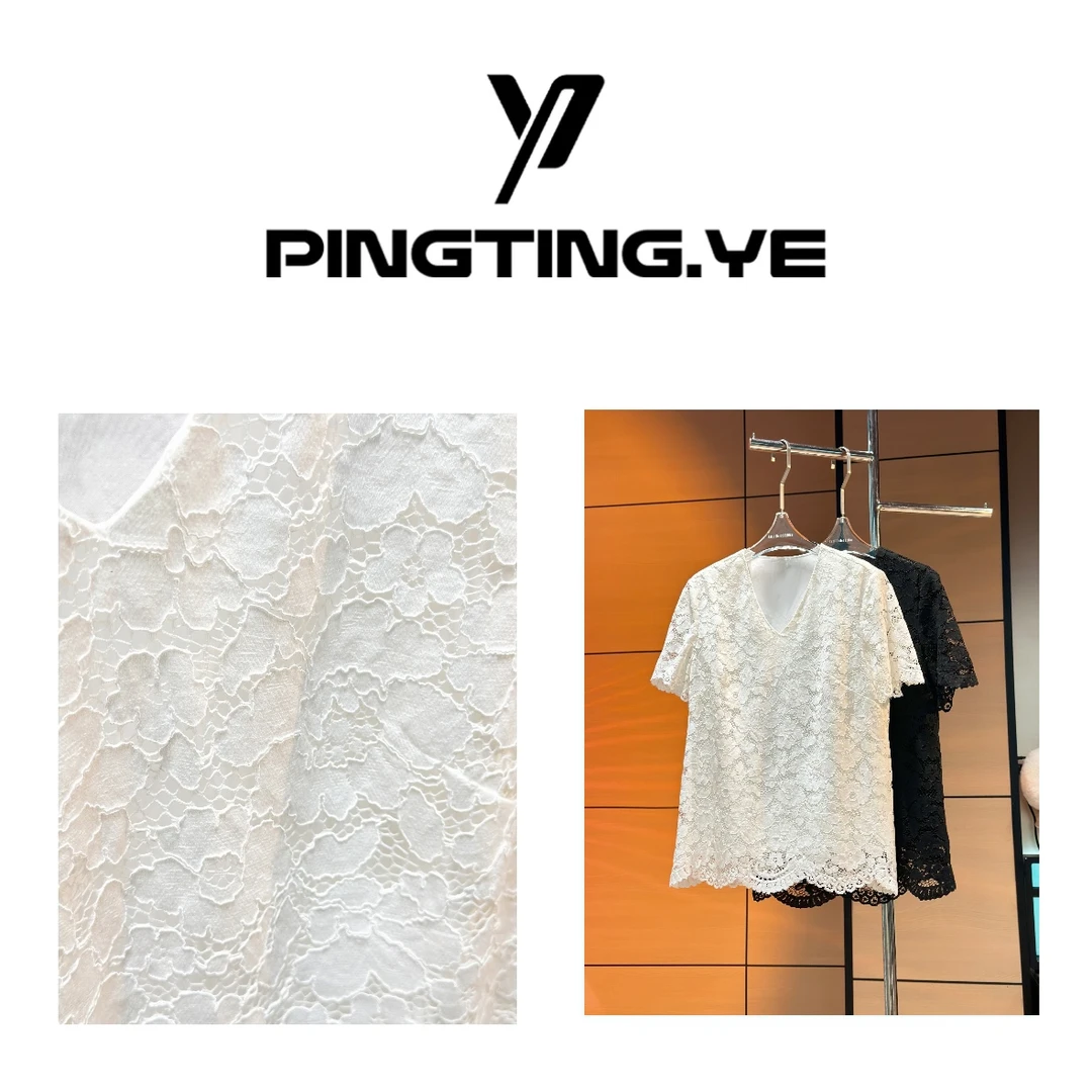 PINGTING.YE气质法式V领蕾丝镂空时尚减龄休闲感短袖上衣PT5988