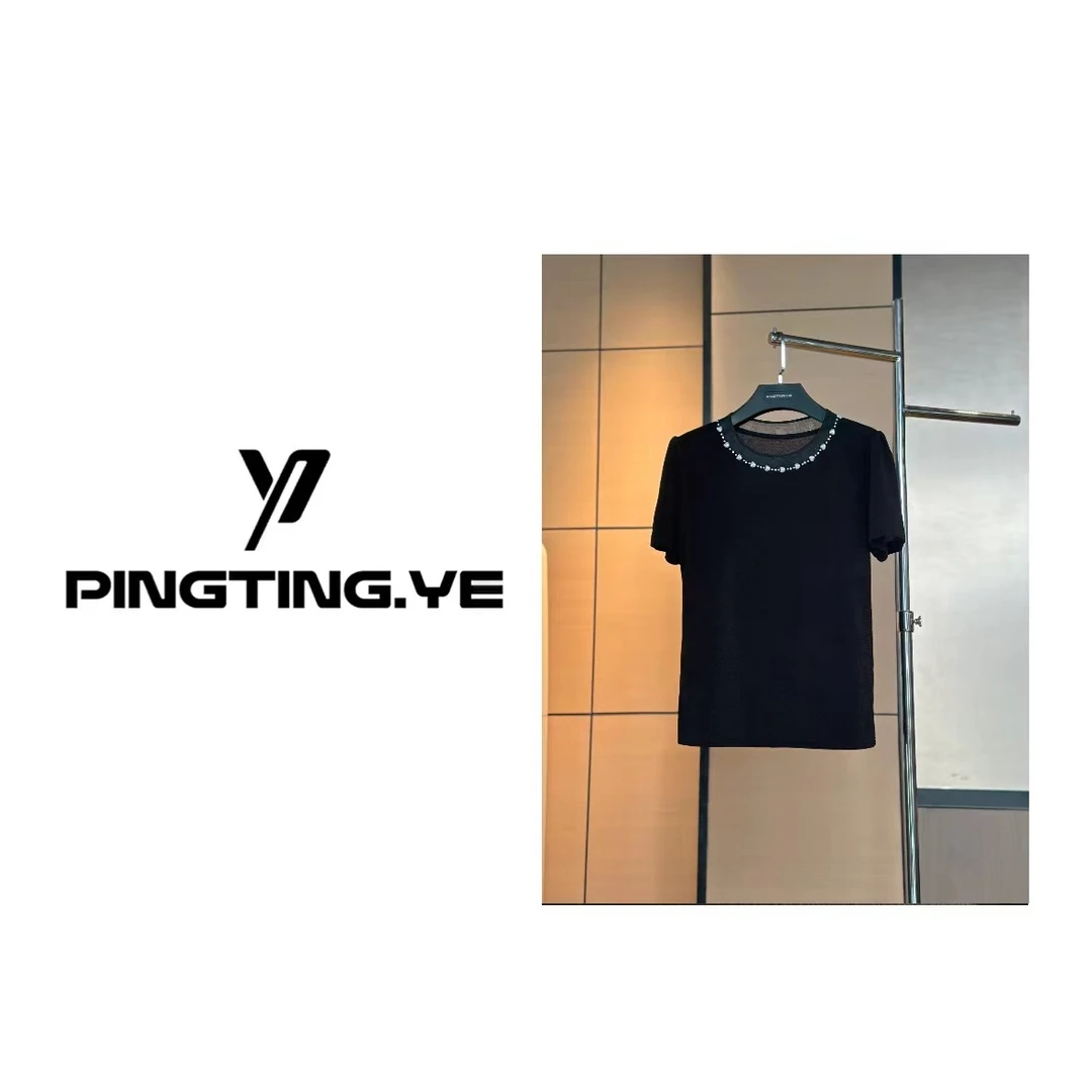 PINGTING.YE简约钉珠钉钻醋酸休闲时尚短袖上衣PT9553