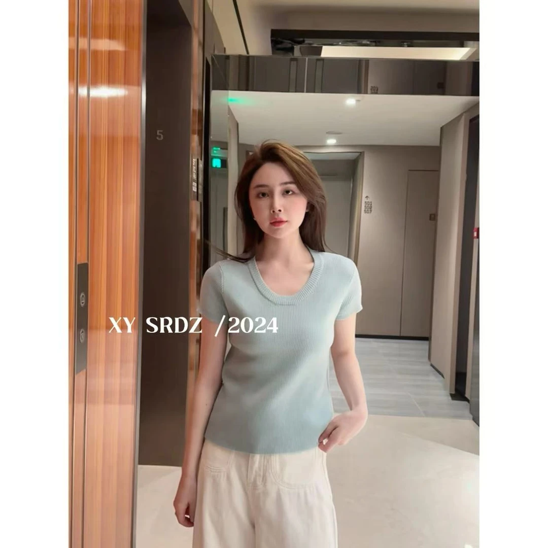 U领螺纹T 小允姐姐2024新款时尚高级百搭U领螺纹T恤上衣