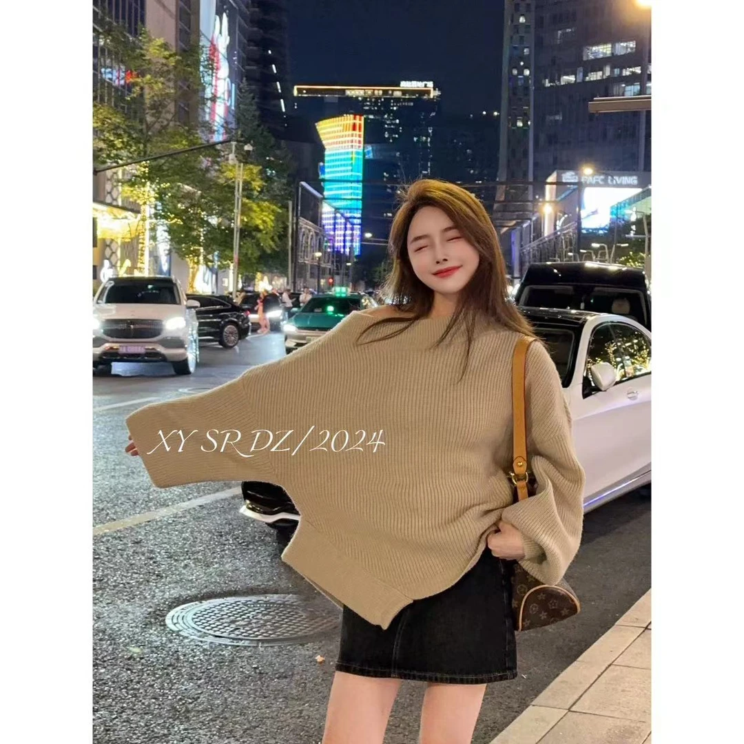 露思毛衣一字肩 小允姐姐2024新款时尚气质高级不规则斜肩毛衣