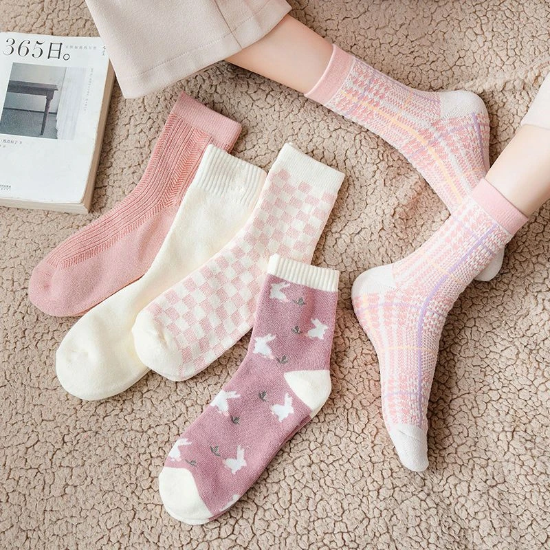 袜子女中筒袜秋冬款毛圈袜加厚保暖可爱粉色长筒袜冬天加绒ins潮