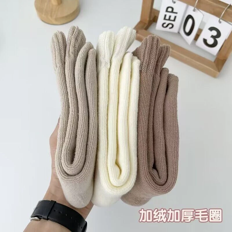 厚袜子女中筒袜冬天日系毛圈加绒加厚保暖毛巾袜秋冬季款纯色长袜