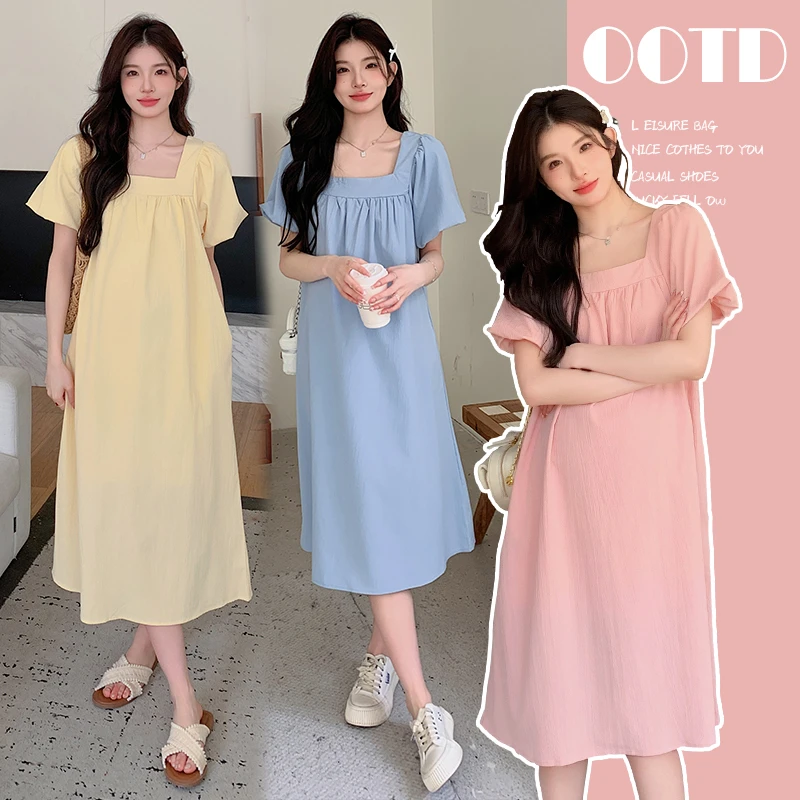 【绮芋】孕妇装2024夏季新款泡泡袖简约甜美休闲方领宽松连衣裙