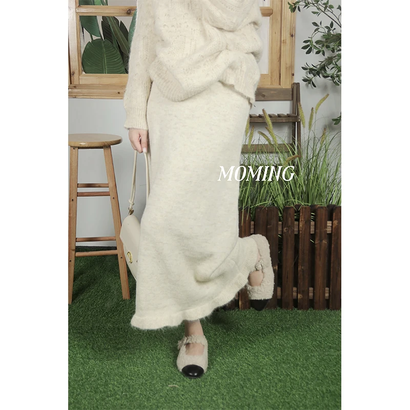 MOMING秋季新品 白霓翩翩 慵懒杂色显瘦气质木耳边拼接针织半裙