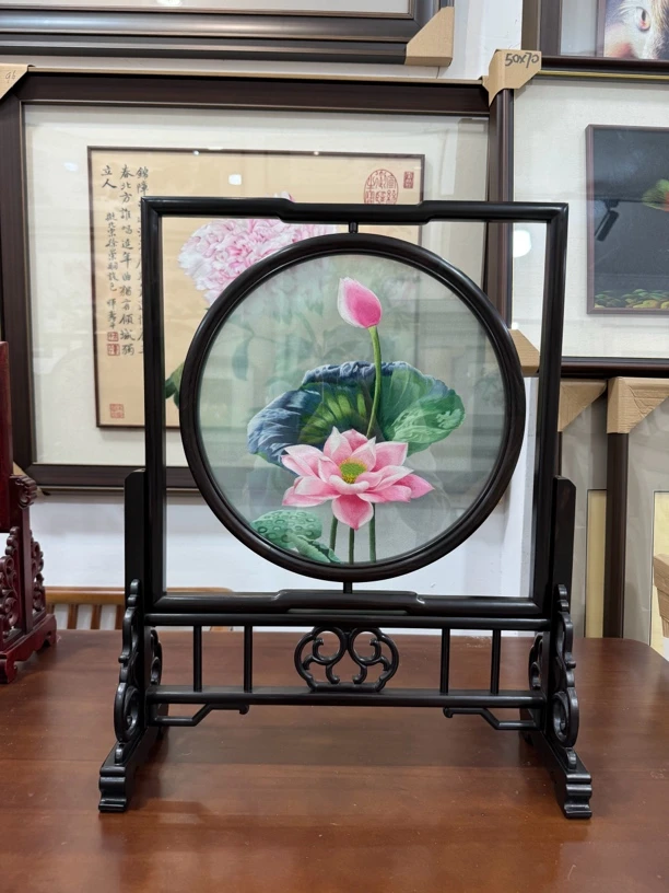 苏绣纯手工双面异色绣荷花 摆件 画心30