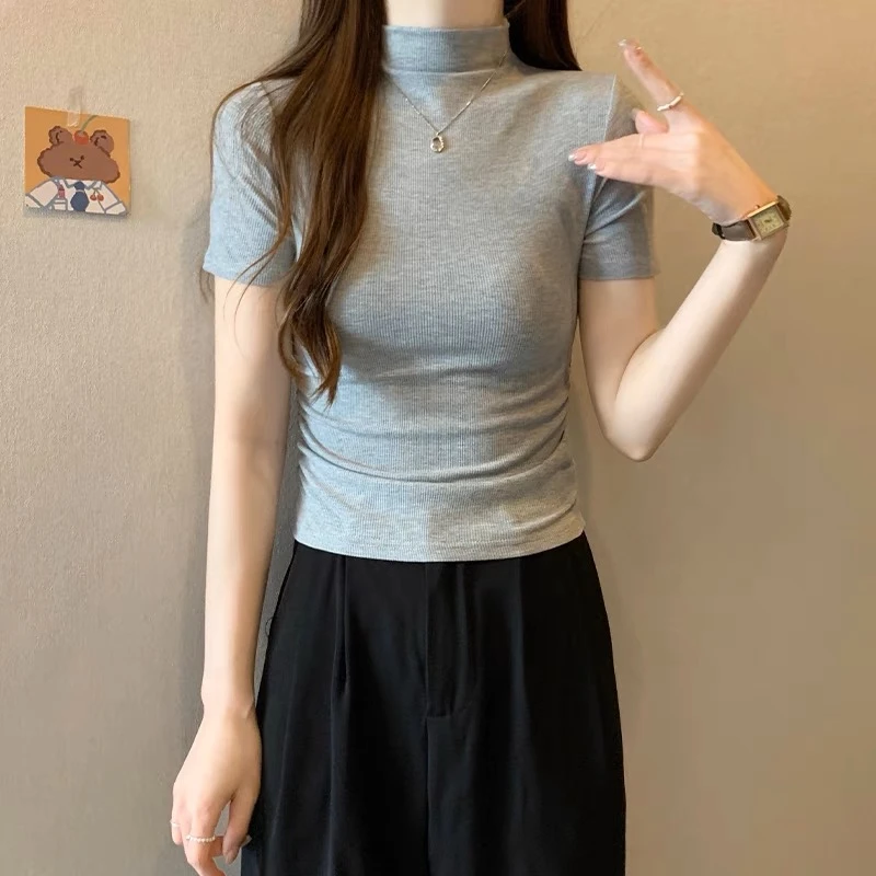 气质半高领百搭修身洋气打底T恤半袖短款内搭显瘦打底衫夏季-W