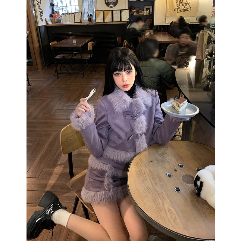 芭比姨韩式千金套装女秋冬2023新款加厚毛毛短款外套复古半身裙