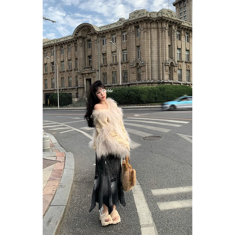 芭比姨''浮潜森林"不规则牛仔半身裙鱼尾长裙-