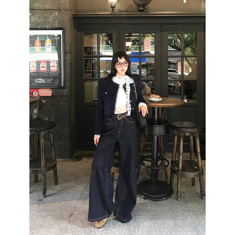 芭比姨小香风外套女早秋穿搭套装高级感蕾丝内搭阔腿牛仔裤三件套