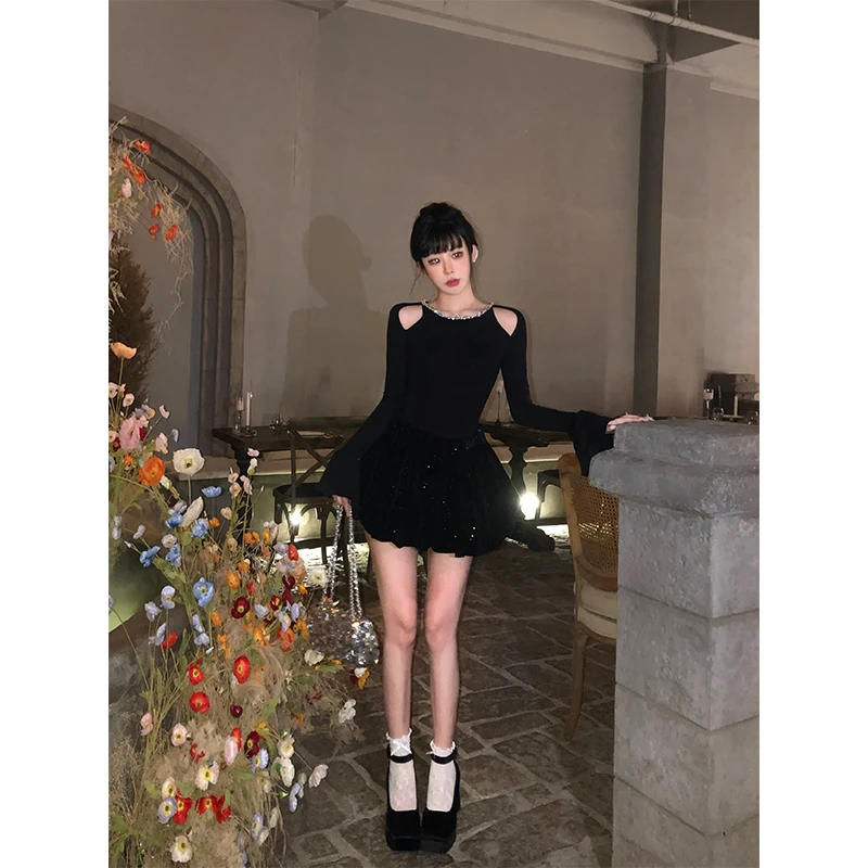 芭比姨【巴黎盛宴】气质千金名媛针织连衣裙长袖蓬蓬公主收腰小黑裙