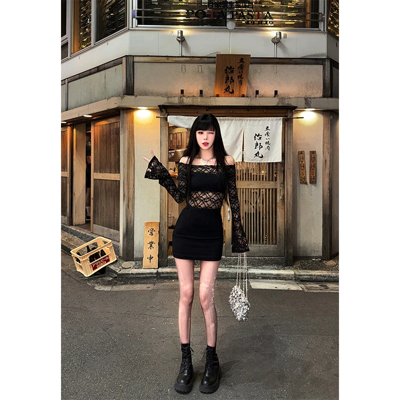 芭比姨【加州辣妹】气质性感名媛一字肩蕾丝修身包臀裙辣妹连衣裙