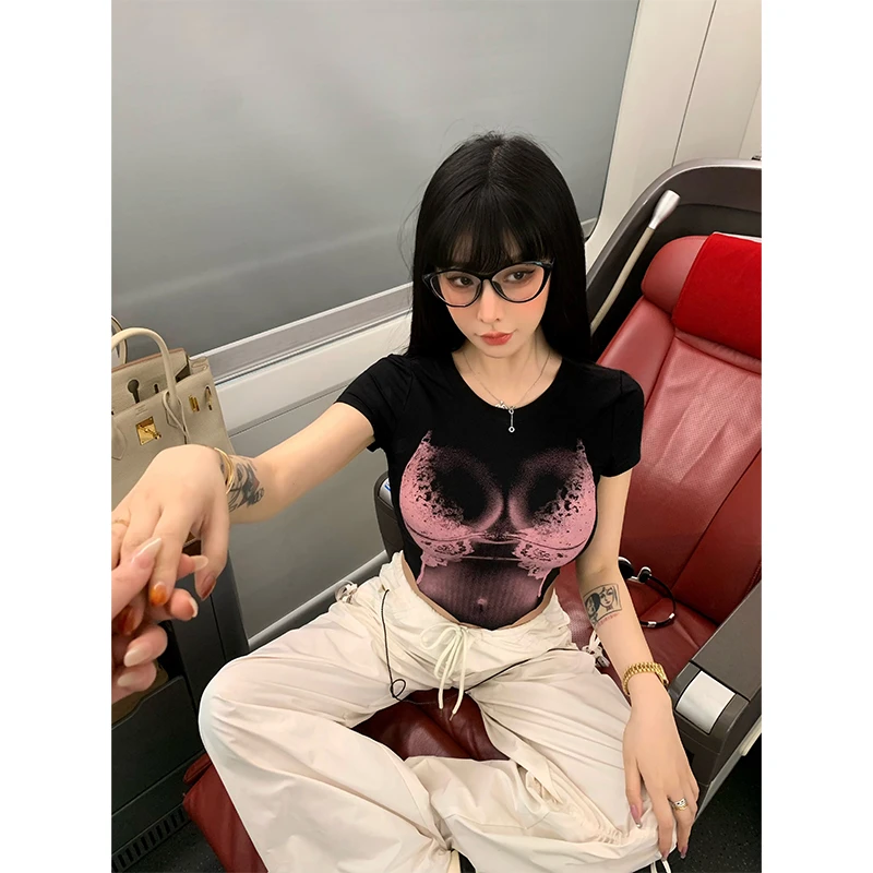 芭比姨【美式辣妹】短款短袖收腰印花T恤上衣