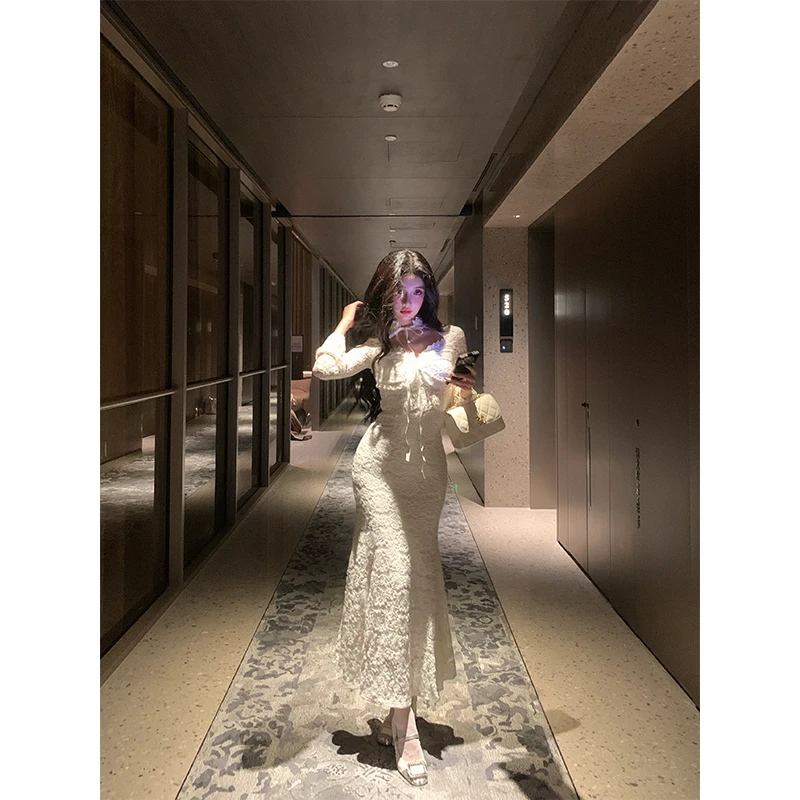 芭比姨【红人上新】晨雾百合"2024冬季新款法式长袖包臀裙女