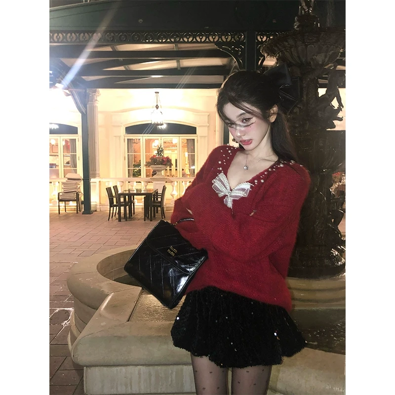 芭比姨【圣诞约会】秋冬设计感毛毛衣蝴蝶结珍珠V领上衣裙子
