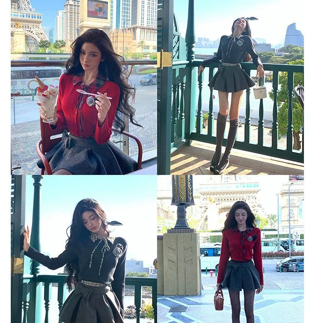 芭比姨【天赋少女】学院风套装女格子假领上衣半身裙针织套装