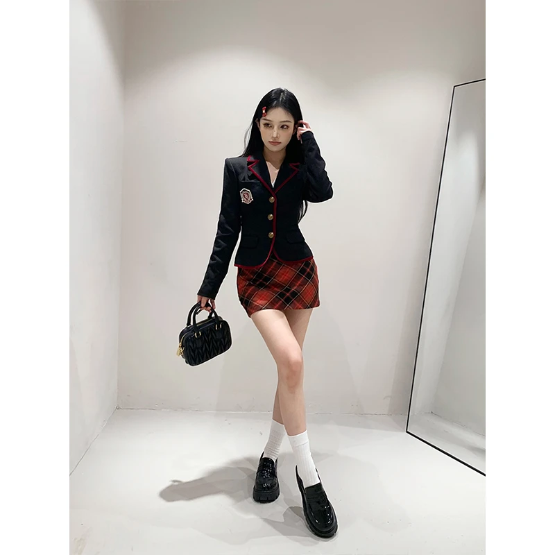 芭比姨【女主剧本】辣妹学院风时尚外套格子半身裙套装