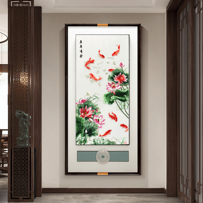新中式手工立体苏绣九鱼聚财图风景版画单幅版画方形玄关画