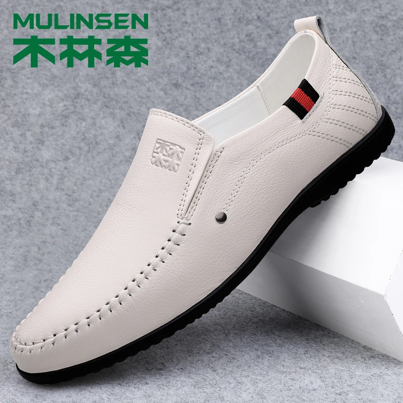木林森男鞋春秋新款真皮豆豆鞋男士百搭软底软皮洞洞一脚蹬小白鞋
