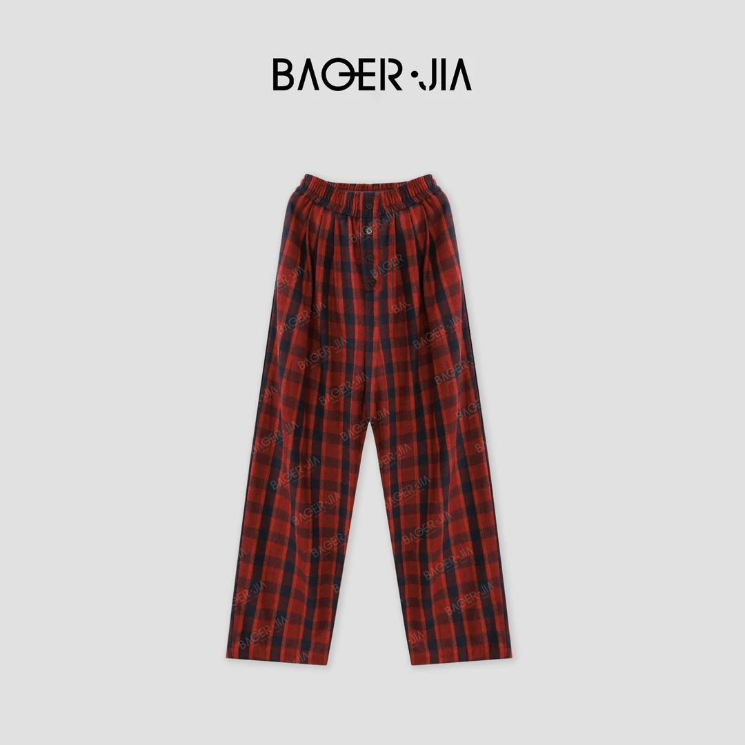 5-宝儿家BC21123411冬季新款宽松舒适柔软时尚经典格子阔腿直筒裤