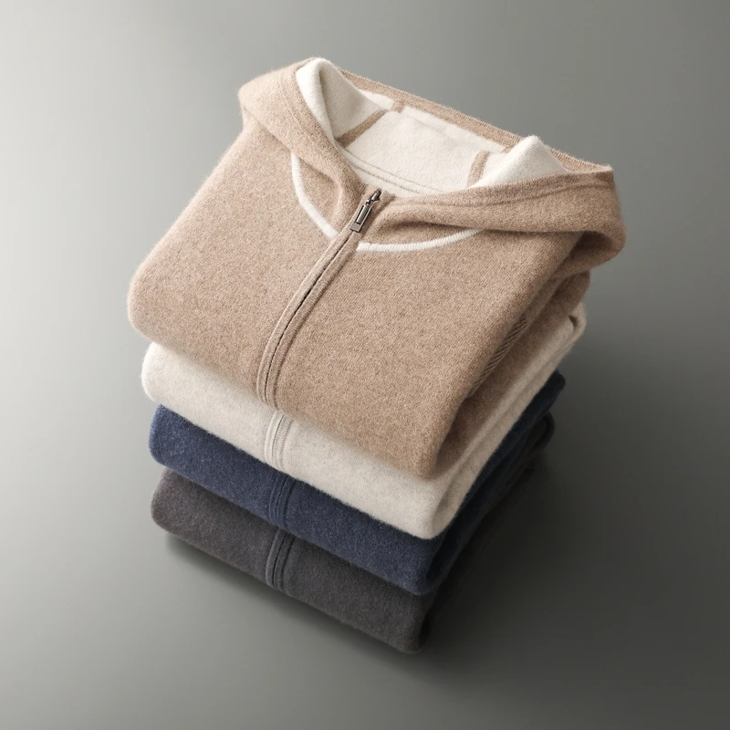 秋冬羊绒连帽开衫男士空气层加厚高端轻奢新款针织外套（XBF2499）