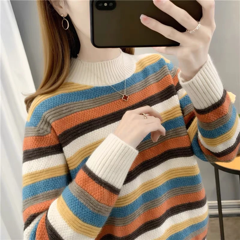秋冬新款条纹套头针织打底女宽松时尚半高领百搭加厚外穿毛衣