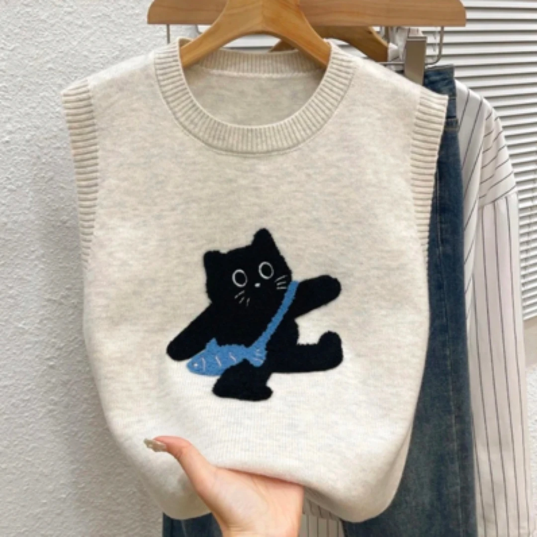 秋冬新款圆领针织马甲背心女宽松猫咪卡通洋气外穿时尚减龄马夹