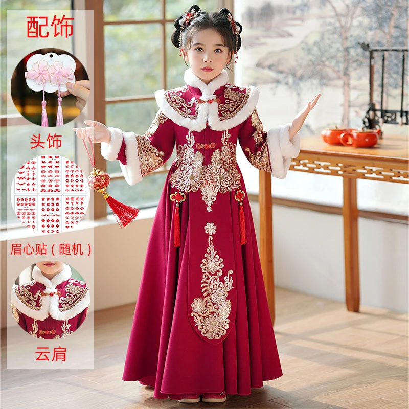 女童汉服中国风儿童古装冬季加绒唐装古风连衣裙小女孩拜年服红色