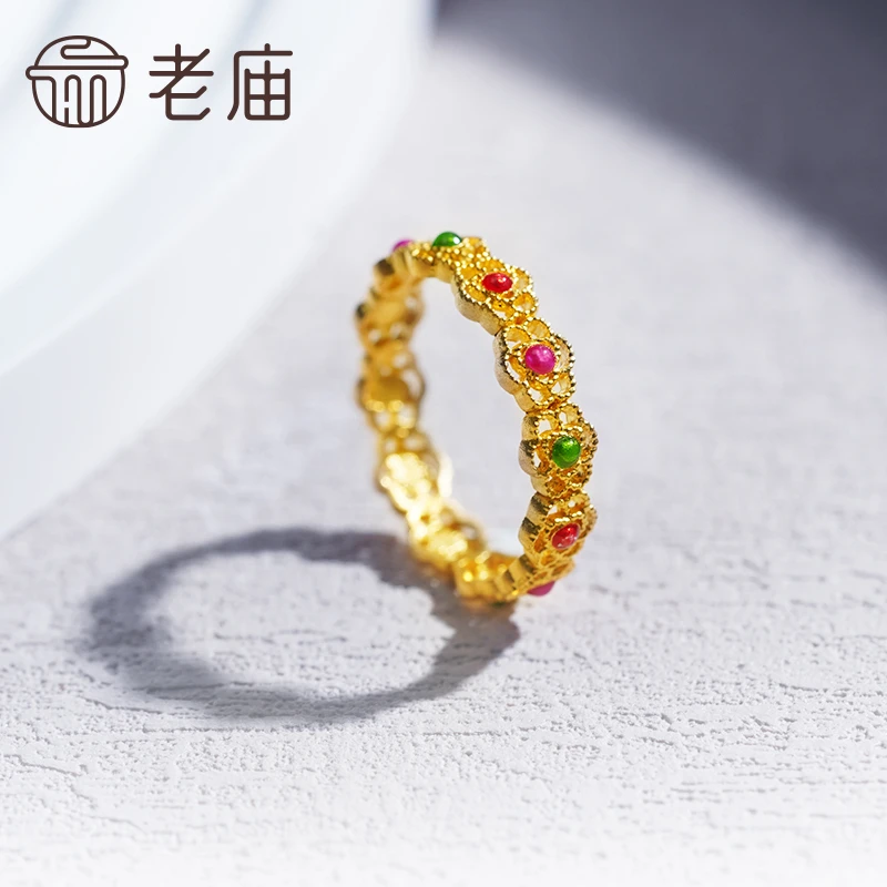 【老庙黄金】足金999古法金古韵鎏彩山茶花戒指复古花韵