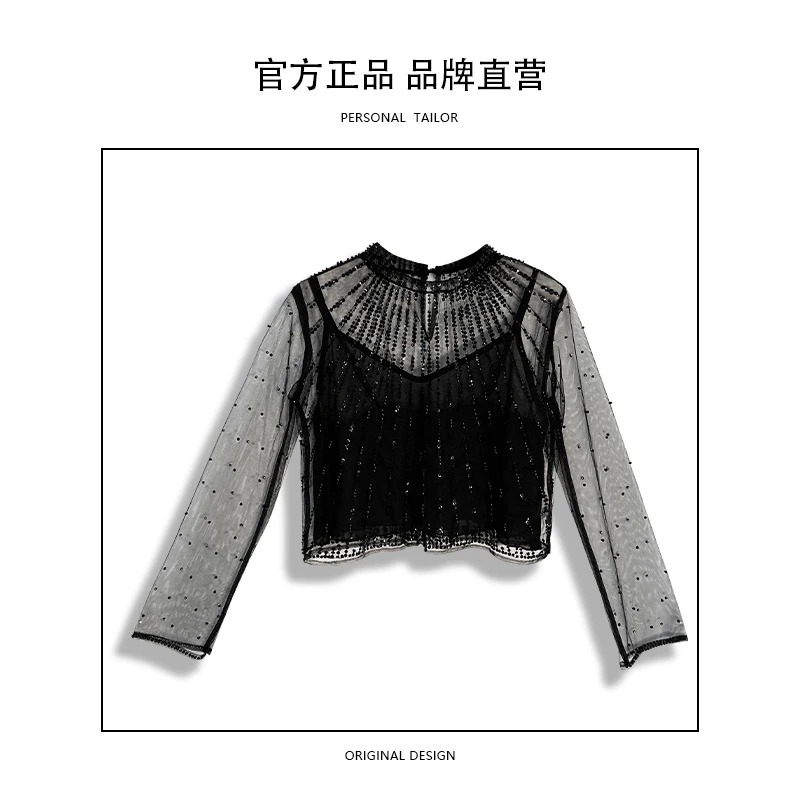 法式小香风上衣气质时尚重工钉珠黑色百搭复古镂空衬衣长袖-3013