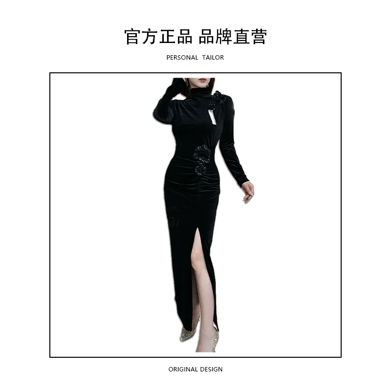 法式重工春秋款超显身材超好看金丝绒黑色连衣裙女高级气质-9029