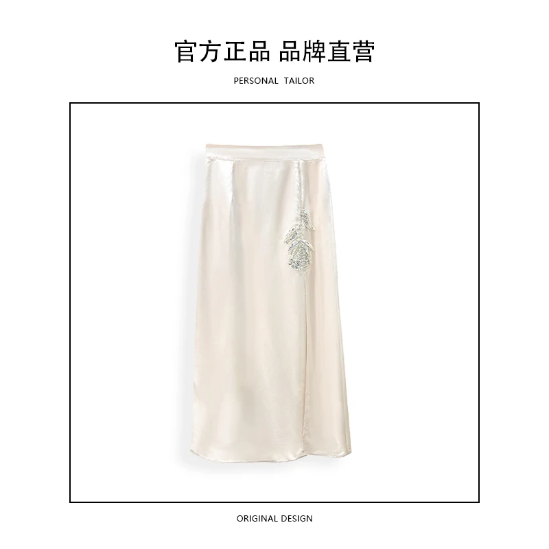 春夏新款醋酸半裙高级重工钉珠绣花时尚中长裙包臀开叉法式-6055