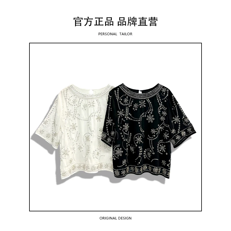 夏季复古小众设计感重工工艺时尚百搭圆领短袖休闲显瘦修身-2031