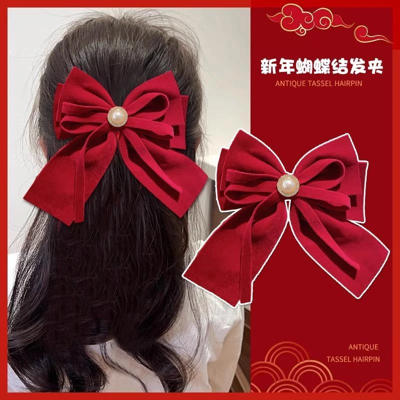 儿童新年蝴蝶结发夹女童发卡公主过年发饰后脑勺红色夹子宝宝头饰