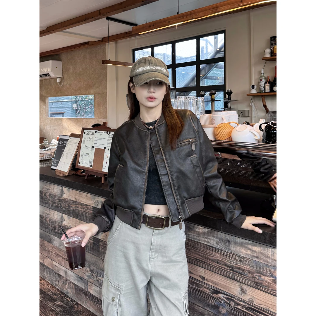 XFX 美式复古短款宽松皮衣夹克外套女秋季休闲小个子机车风上衣潮