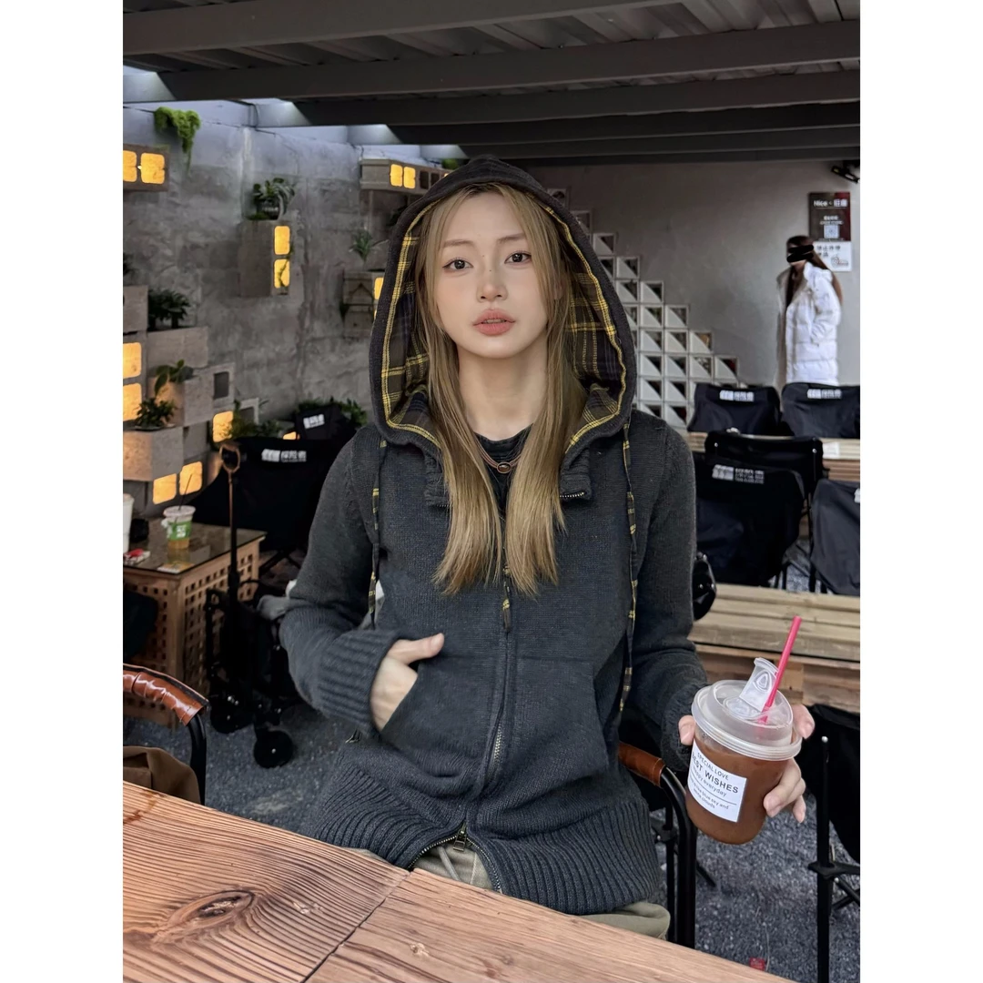 XFX 美式复古修身格子针织衫毛衣外套女秋冬休闲运动双拉链上衣潮