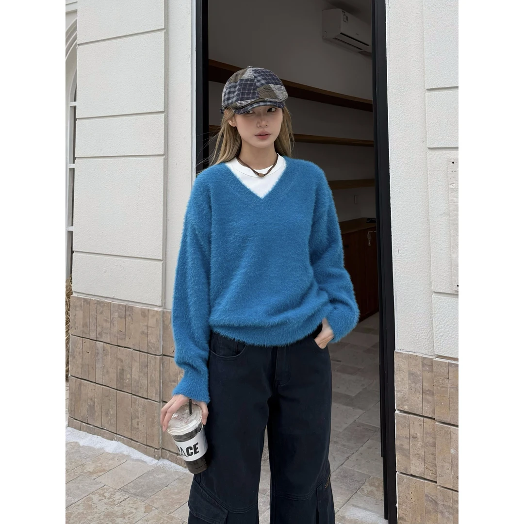 XFX美式复古V领仿水貂毛打底针织衫女秋冬宽松休闲内搭毛衣慵懒风